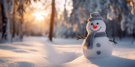 A happy snowman in scarf in winter landscapeの素材