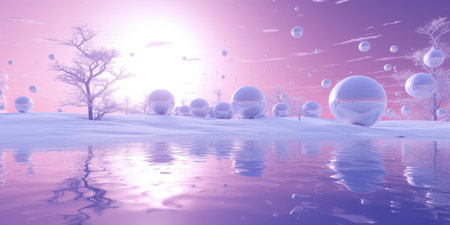 Futuristic winter nature scenic view with purple glowing skyの素材