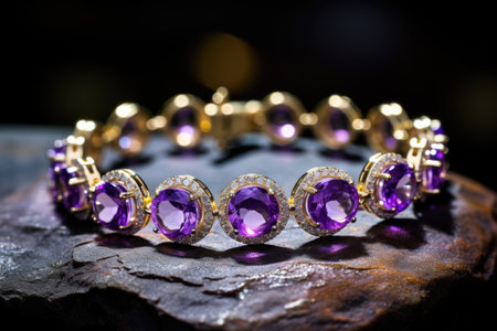 Golden jewelry bracelet with amethysts gem stoneの素材