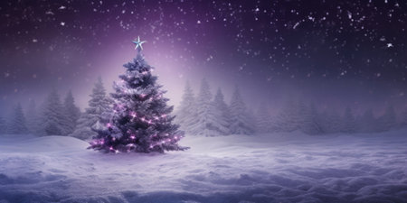 Christmas tree in the magic winter forest with stars in glowing purple night, Christmas greeting card mockup with free space for textの素材