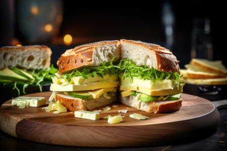 chopped sandwich with cheese and micro greens on wooden round board close upの素材