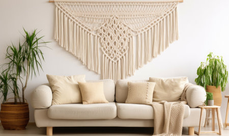 Handmade macrame decoration on empty wall of light beige living room above the sofaの素材