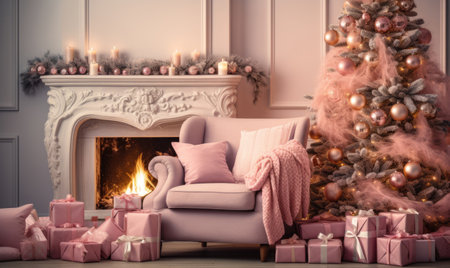 Christmas decorated fireplace in pink color. Pinkmas conceptの素材