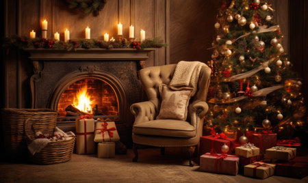Christmas living room with fireplace, armchair and decorated Christmas tree with gift boxes in darkの素材