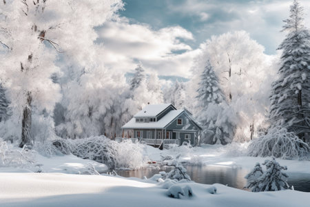 country house in a winter snow-covered forest in nature winter backgroundの素材