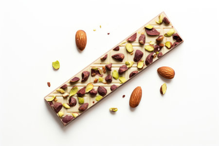 White milk chocolate bar with almond and pistachios on white background top viewの素材