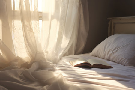 Book on bed with white linen near the window in a sunny morningの素材