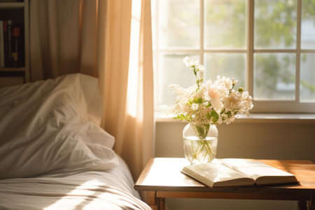 Book on bed table near the bed with white linen in front of window in the morningの素材
