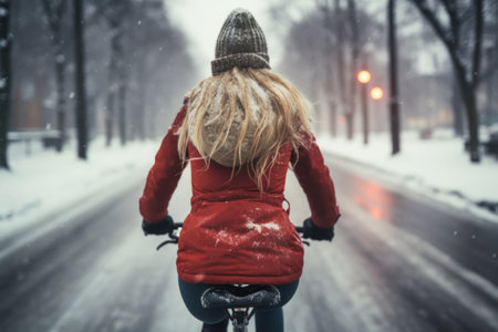 woman riding a bicycle back view on a road in winterの素材