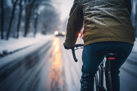 A manriding a bicycle back view on a city road in winterの素材