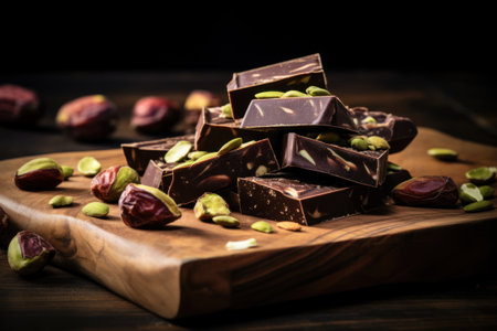 Broken and dark pistachio chocolate on wooden board rusticの素材