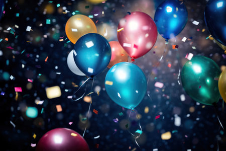 Celebration festive background with bright confetti and balloons, free space for textの素材
