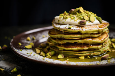 Stack of pancake poured with pistachio paste on plate and dark backgroundの素材