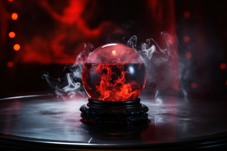 Esoterics and astrology concept background, fortune telling crystal ball in dark red and black room, magic spiritual seanse, copy spaceの素材