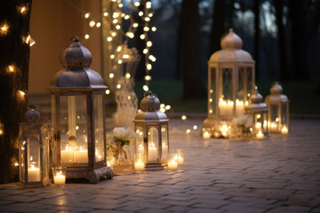 Elements of the wedding decor for night ceremony outdoors, free space for textの素材
