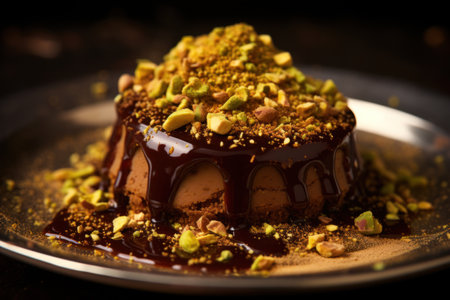 A portion of Truffle pudding with pistachio crumbs poured with melted chocolateの素材