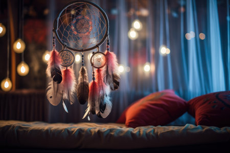 Dream catcher with feathers hanging at the bed area. Home and cozy atmosphere at night. Copy space for textの素材