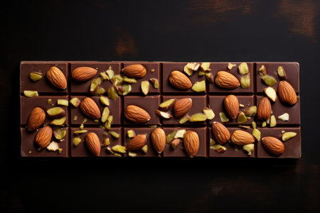 Chocolate bar with almond and pistachios on dark background top viewの素材
