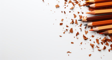 Sharpened pencils with shavings on light grey background top view, copy spaceの素材