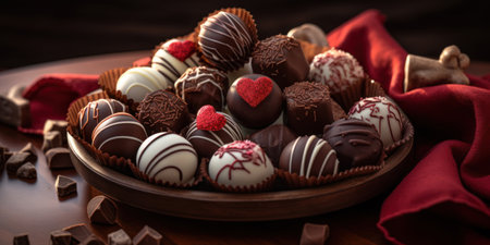 Assorted chocolate sweets and hearts, happy Valentines day backgroundの素材