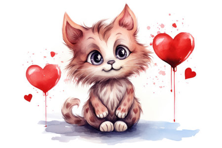 Draw watercolor banner cute cat lover with red hearts for valentine day celebration on whiteの素材