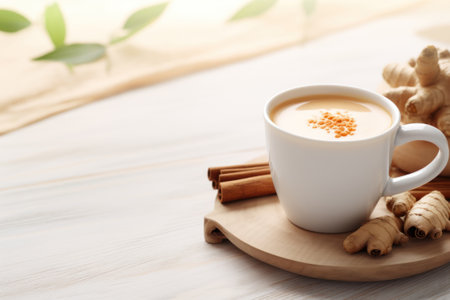 Masala chai tea traditional indian drink with milk and spice on white background with free copy space for textの素材