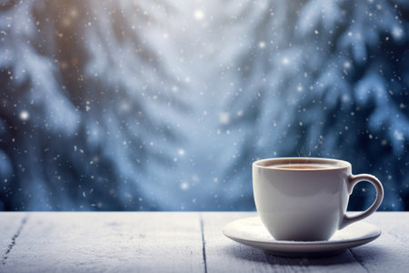 winter background with a steaming cup of coffee, free space for textの素材