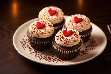 Saint Valentines Day dessert cupcakes with heart shape decorations on brown backgroundの素材