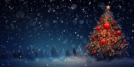 Christmas tree in the magic winter forest with stars under snowflakes at night, Christmas greeting card mockup with free space for textの素材
