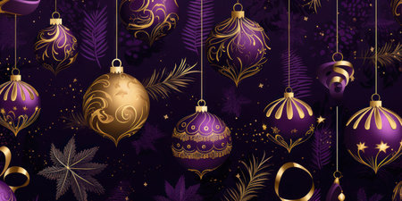 Purple and gold Christmas balls on blurred background, free space for textの素材