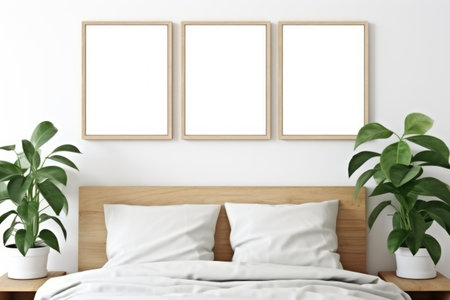 Stylish biophilic interior design concept mockup frame with lush green plants above the bedの素材
