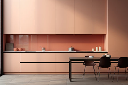Peach fuzz minimalist kitchen with sleek handle less cabinets and efficient storage solutionsの素材