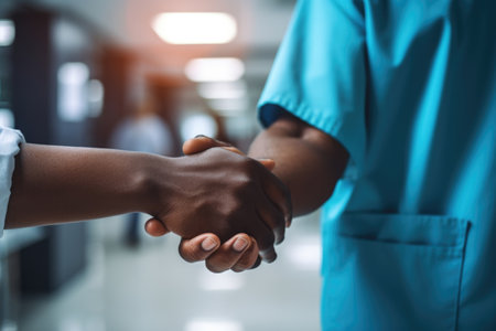 Compassionate young nurse providing supportive assistance to elderly man during a room walkの素材