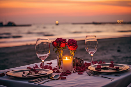 Exquisite and romantic candlelit beach dinner at luxury resort with breathtaking sunset sea viewの素材