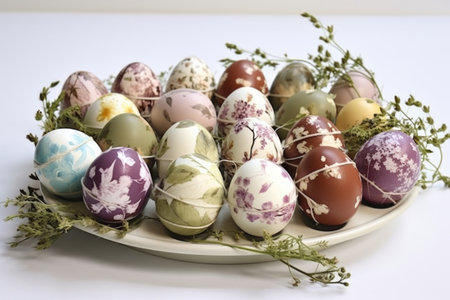 Natural egg dyeing with leaves, flowers, and herbs easter tradition with organic colorsの素材