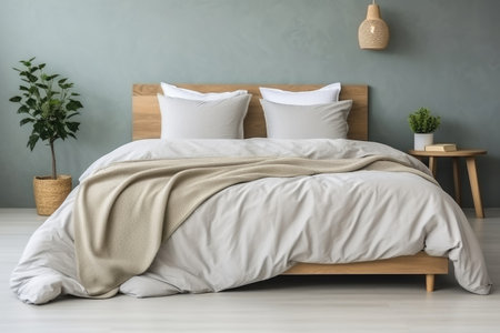 Modern bedroom with biophilic design and green indoor plants, creating a cozy ambianceの素材