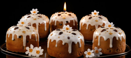 Festive easter kulich cake with icing and fruits, freshly baked for joyful celebrations.の素材