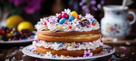 Delicious easter pie or cake adorned with vibrant icing and beautifully crafted decorative elementsの素材