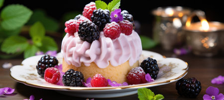 Exquisite easter kulich or cake, freshly baked and adorned with luscious icing or vibrant fruitsの素材