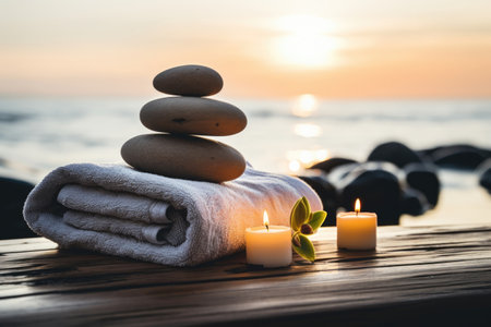 Tranquil sea stones balancing on wooden table with candle and towel spa and relaxation conceptの素材