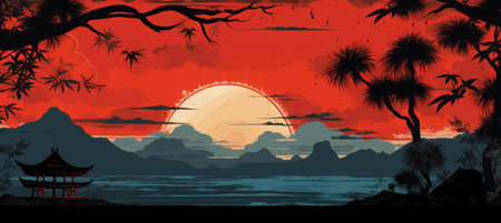 Vibrant retro wave background with intricate asian nature pattern and cultural influencesの素材