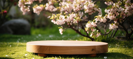 Elegant wooden podium pedestal display with vibrant spring blooming trees in the backgroundの素材