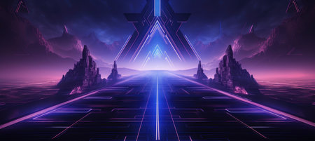 Retro futuristic illustration with glowing grids, pixelated landscapes, and stylized laser beamsの素材