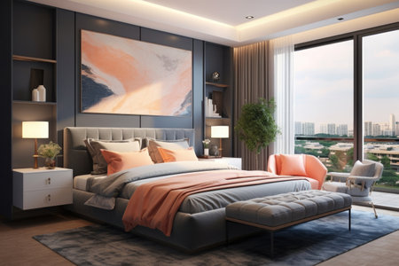Scandinavian style bedroom with grey and peach colors, minimalist furniture, and soft pastel accentsの素材