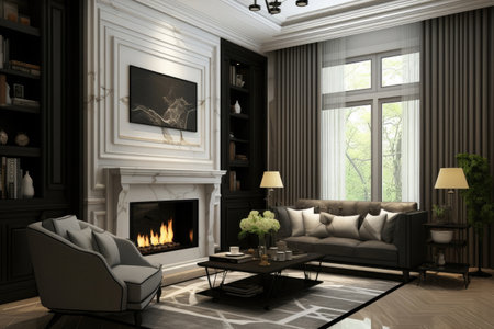 Cozy village house with spacious living room featuring dark cracked pepper color interiorの素材