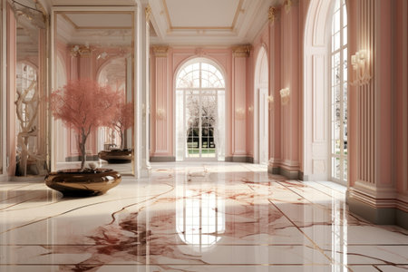 Opulent peach fuzz colored entrance hall with high end finishes, showcasing luxurious modern designの素材