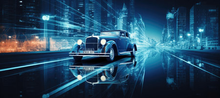 Retro futuristic cityscape vintage touch with futuristic skyscrapers, retro cars, and neon signsの素材