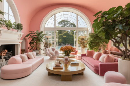 Cozy peach fuzz color interior with stylish decor in bright village house living roomの素材