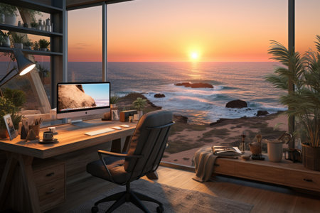 Cozy home office with stunning sunset view, natural light streaming in, and inviting workspace setupの素材