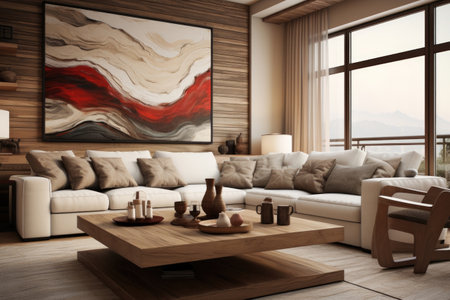 Rustic living room with modern furniture and colorful art mural inspired by crystalline formsの素材